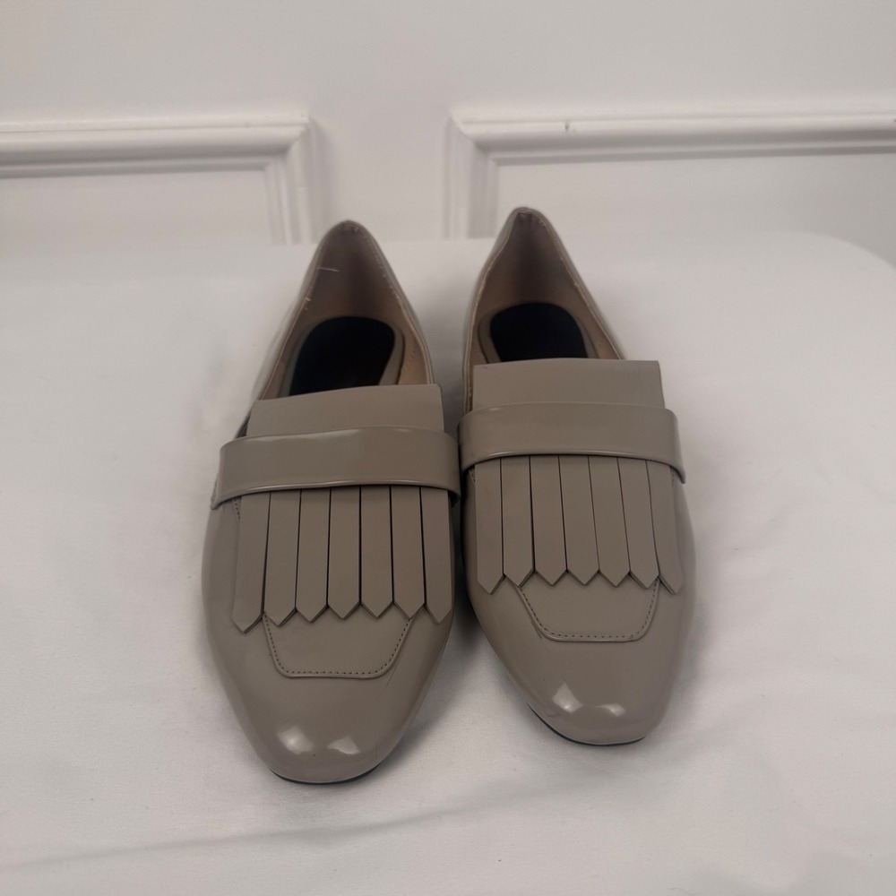 Mango MNG Taupe Grey Patent Kiltie Fringe Loafers Almond Toe Flats EU 37